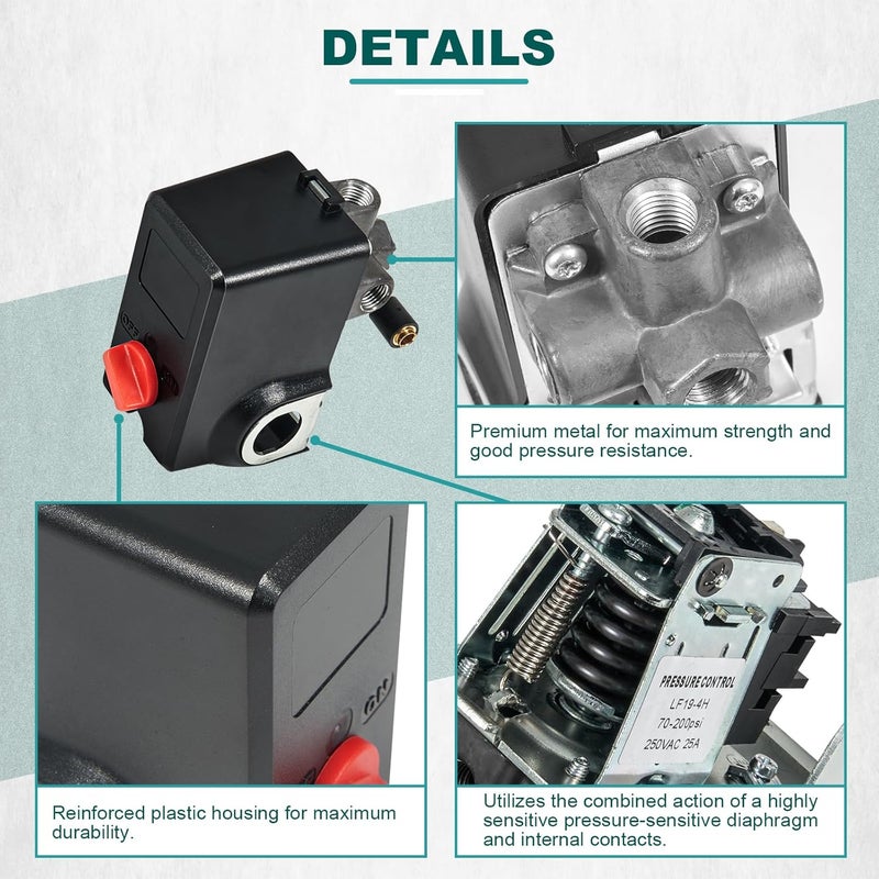 AUTOBABA Pressure Switch Compatible with Condor MDR 11/11 EA 26 AMPS 120/240 Volts 120-155 PSI 4 Port with Bleeder 220 Volts 110 Volts - Image 2
